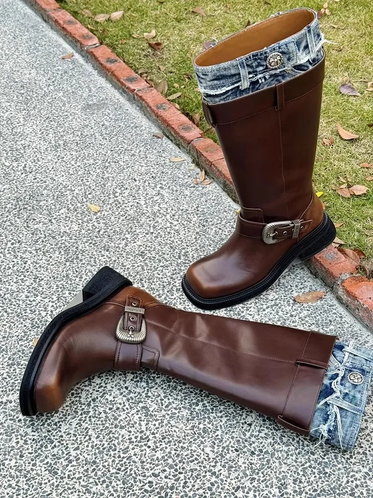 Сплай ​ Коричневые высокие сапоги из материала с квадратным носком винтажные