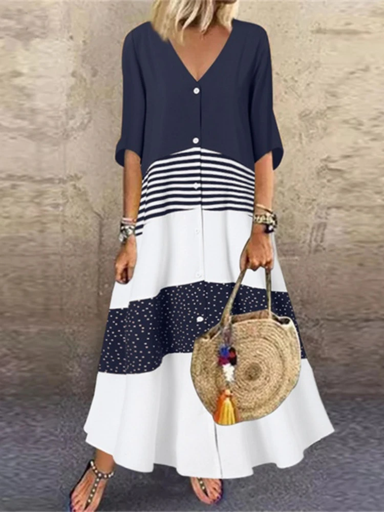 Summer New Women Dress Fashion Temperament V-neck Short Sleeve Printed Stripe Polka Dot Stitching Long Button Casual Dresses    