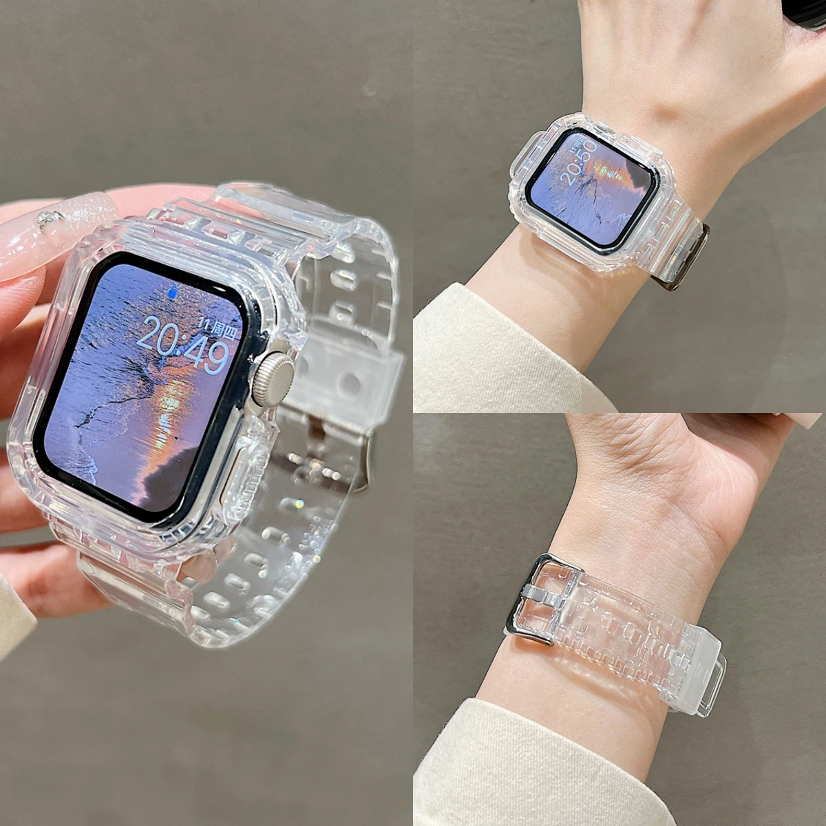 Фото Силиконовый ремешок + чехол для Apple Watch ремешки 11 42 мм 46 мм 44 мм 40 мм 41 мм 45 мм Прозрачный браслет iWatch серии 10 9 8 7 6 5 Se 3 №2
