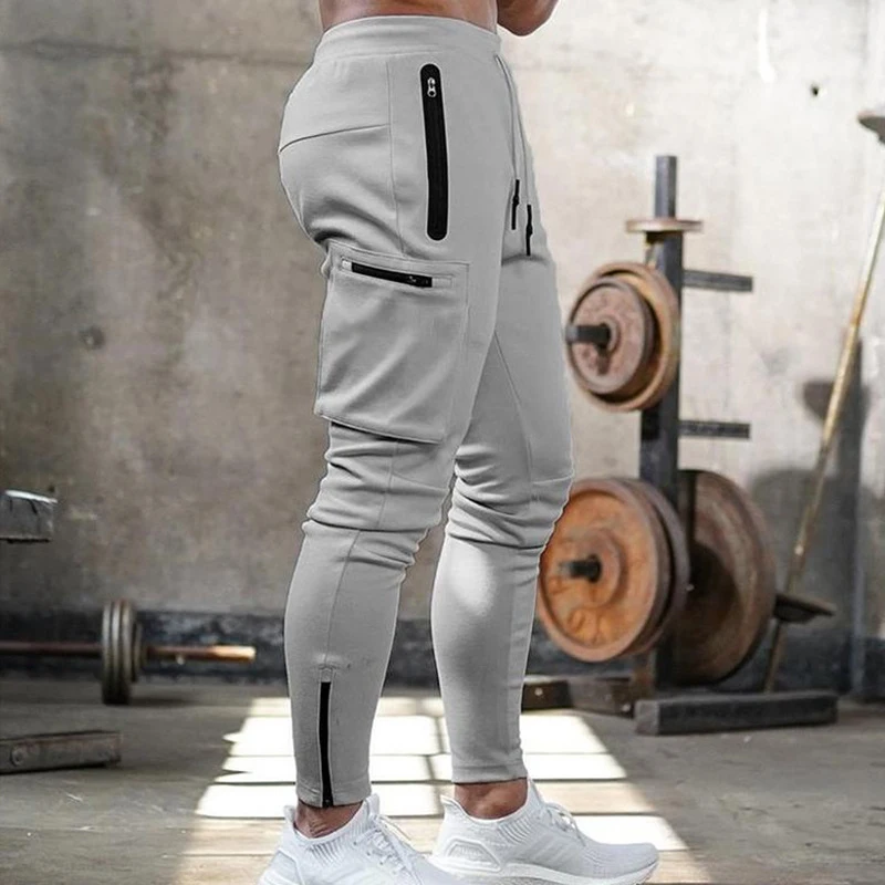 

Jogger Fitness Men's Sports Pants Multi-pocket Zipper Men's Trousers Outdoor Casual Overalls Solid Color Bodybuilding Pants