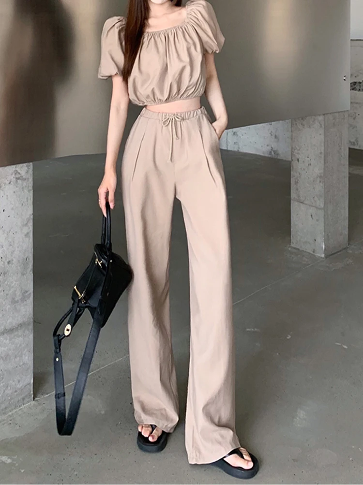

Retro Leisure Suit 2022 Waist Thin Short Puff Sleeve Top + High Waist Drooping Wide Legs Two-piece Fashion Women's Clothing