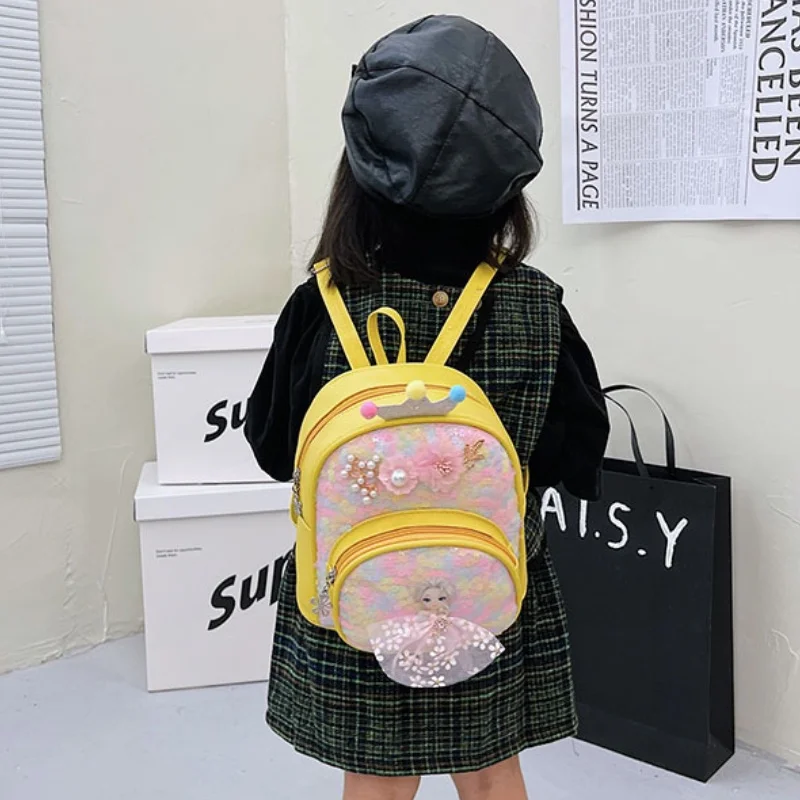 Children Anime Princess Small Backpacks In Kindergarten New Girls Sweet Sequin PU Flower Shoulder Bags with Pearl Drop Shipping