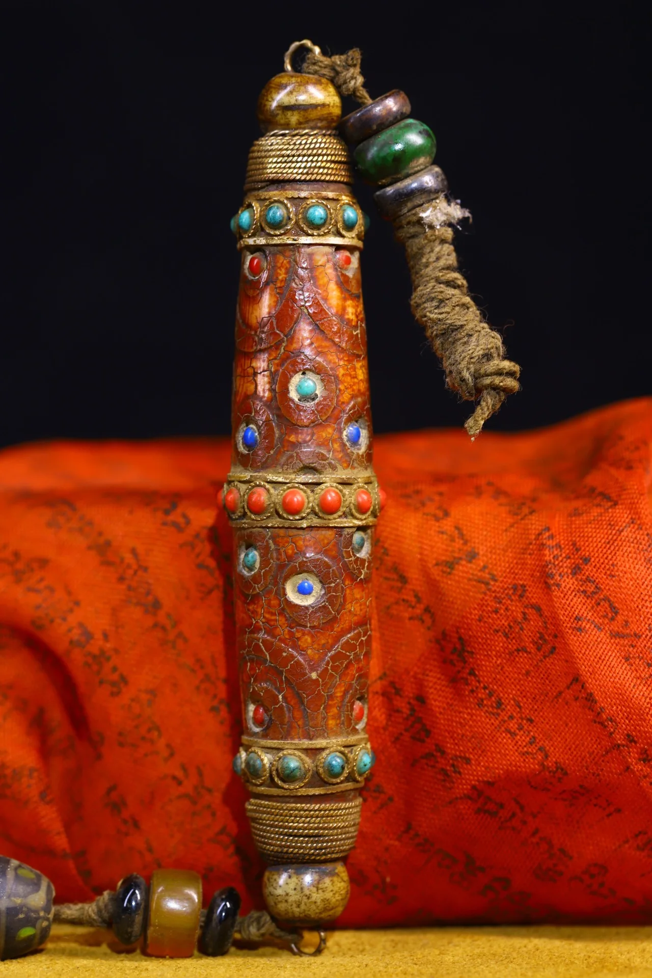 

5" Tibetan Temple Collection Old natural agate mosaic Gem Tibetan silver filigree Dzi Beads Amulet pendant Town house Exorcism