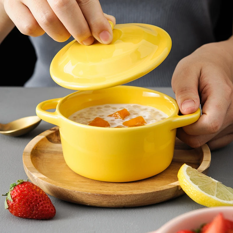 

Shufulei Baking Bowl With Cover Double Ear Bird's Nest Dessert Ceramic Bowl Steamed Egg Stew Soup Cup Household Baking Tableware