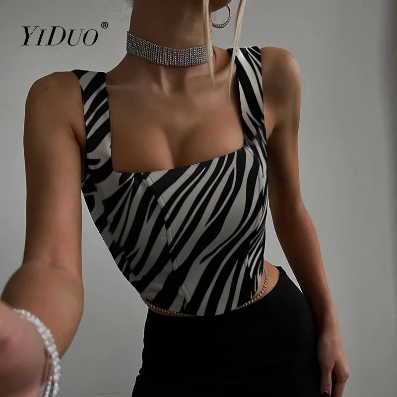 YiDuo Zebra Print Sleeveless Backless Crop Top Square Neck 2022 Fashion Women Streetwear Corset Summer Tank Top Sexy Club Party