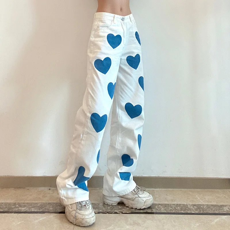Harajuku Heart Print White Casual Jeans Women Hip Hop High Waist Denim Pants Capris Skinny Straight Trousers 2023 Streetwear New