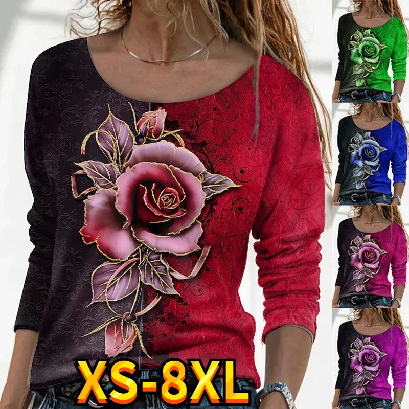 

Women's T shirt Tee Casual Holiday Weekend Rose Flower Painting T shirt Long Sleeve Pround Neck Basic Green Blue Purple XS-8XL