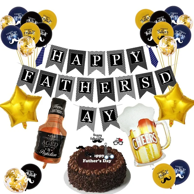 

28pcs Printed Balloons Set Round Latex Decorative Wine Bottle Happy Fathers Day Holiday Party Decorations with Cake Insert Card