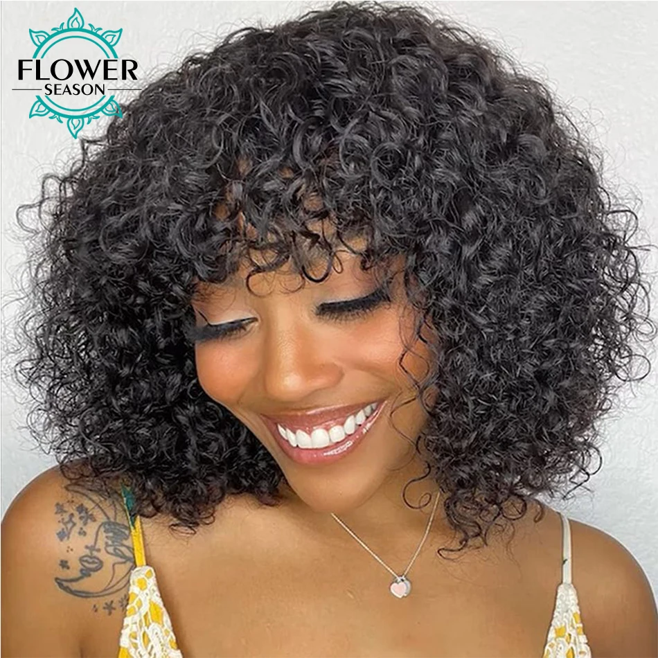 

Short Curly Wig with Bang Jerry Curl Human Hair Wig Curly Bob For Black Women 180% Full Machine Made Scalp Top Wig