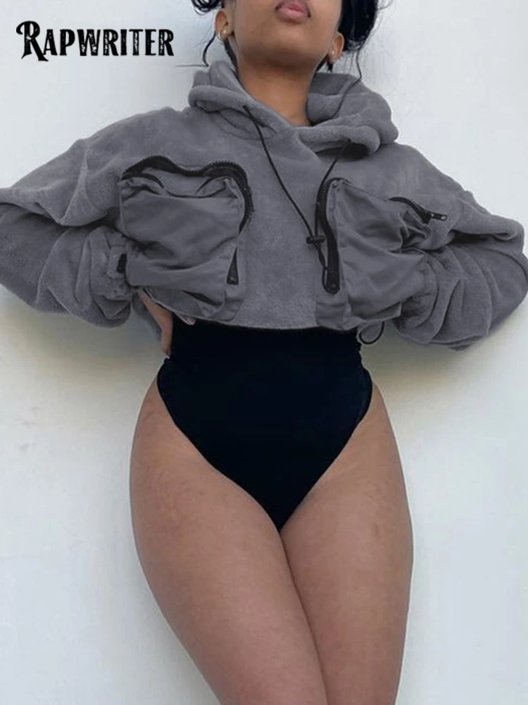 

Rapwriter Gray Casual Lambswool Hoodies Pullover Woman Autumn Winter Long Sleeve Big Pockets Short Oversized Fashion Sweatshirt