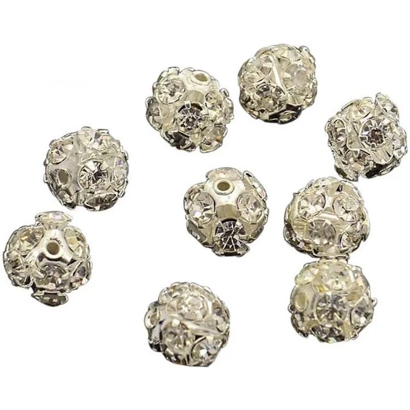 

About 100 Pcs 8mm Brass Disco Ball Czech Crystal Rhinestone Beads Charm Round Spacer Bead for Jewelry Making Silver