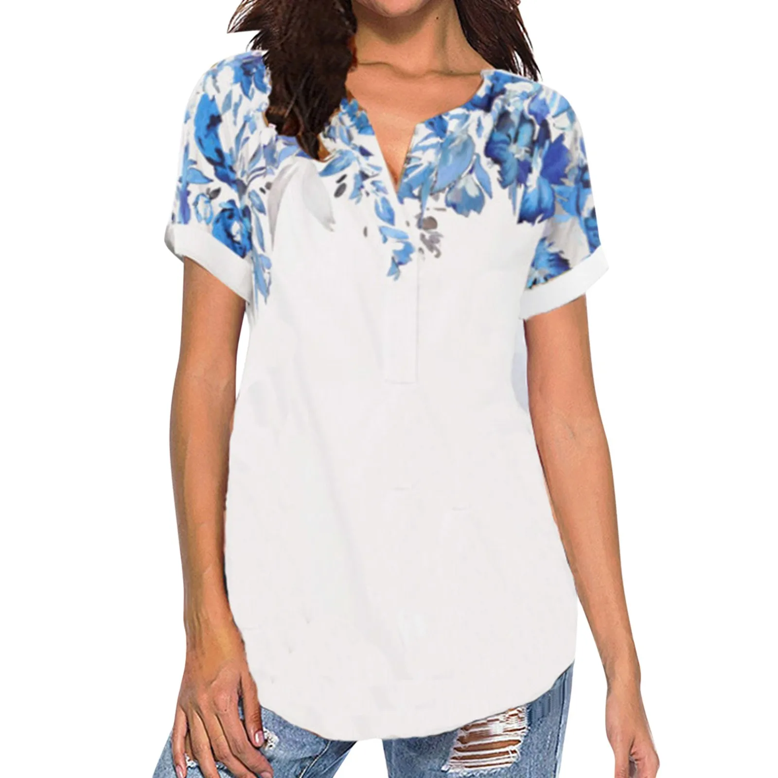 

Женская блузка с V-образным вырезом, коротким рукавом и цветочным принтом