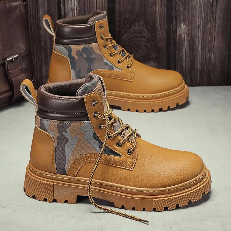 

High-Top Men's Shoes Autumn Black High-Heeled Boys Soft Leather Motorcycle Boots Men's Outdoor Mid-Top Work Casual Leather Shoes