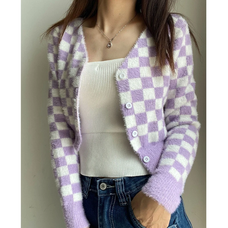 

Женские весенне-осенне-зимние свитера с шахматным узором и длинным рукавом, трикотажные топы на пуговицах, Женский Модный облегающий карди...