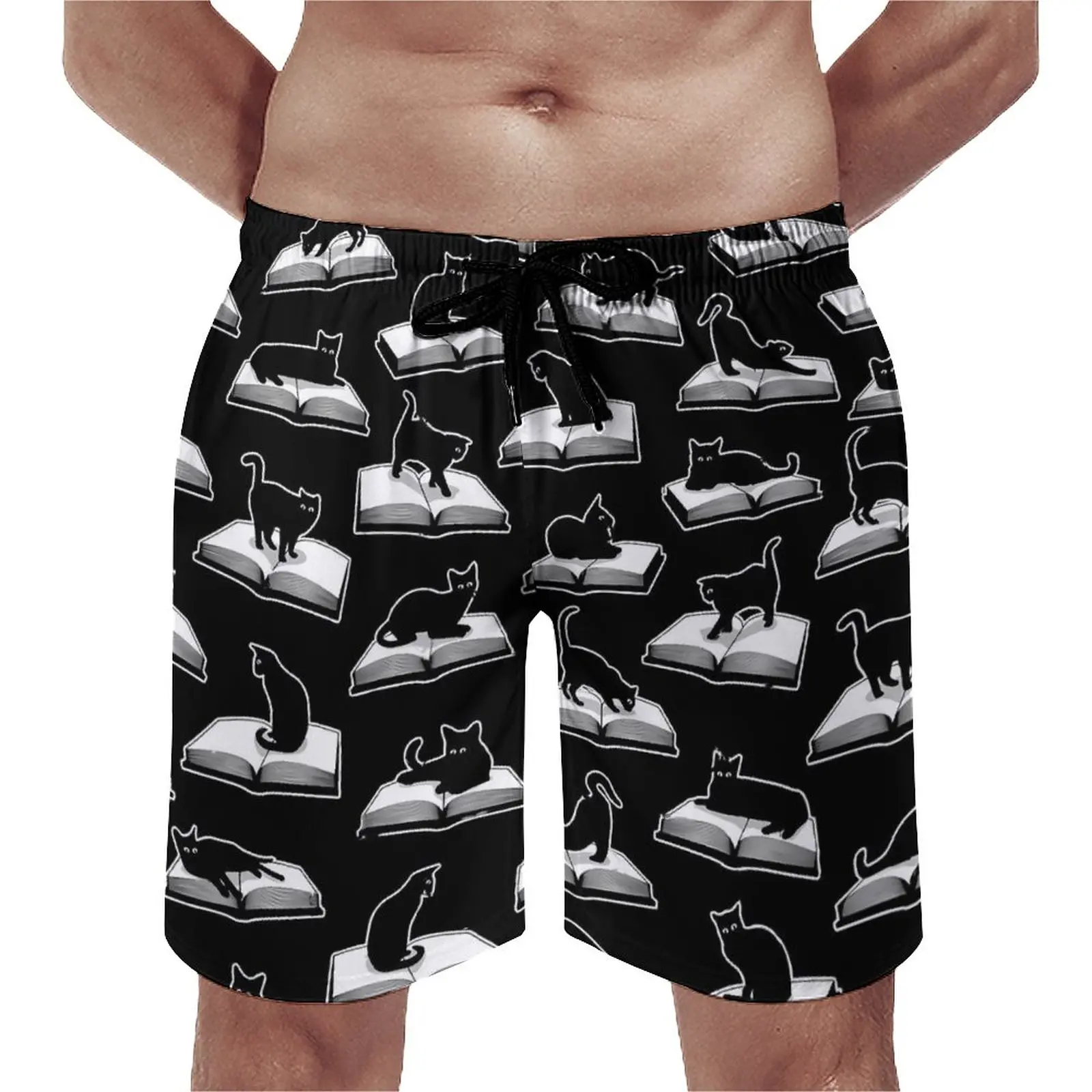 

Summer Board Shorts Library Cats Running Surf Books Print Design Beach Short Pants Classic Comfortable Swimming Trunks Plus Size