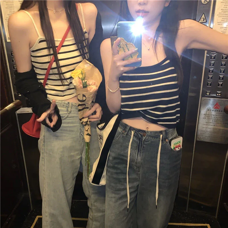 

Женская укороченная кофта в полоску, облегающий Топ без рукавов в стиле Харадзюку, укороченный топ без рукавов, лето 2022