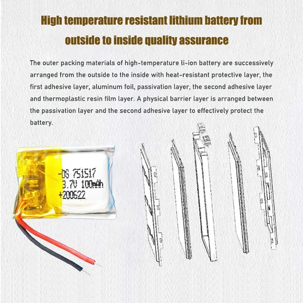 3.7v 100mah 751517 li ion Rechargeable Battery for Cheerson CX-10 CX10 CX12 JJ820 V646 V676 JJ810 RC Helicopter Quadcopter