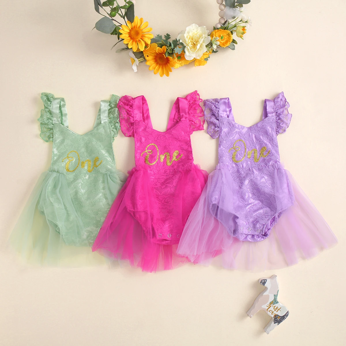

Infant Baby Girl Lace Embroidery Bodysuit Dress 1st Birthday Party Suit Sweet Letter Fly Sleeve V-neck Short Jumpsuit for 0-24M