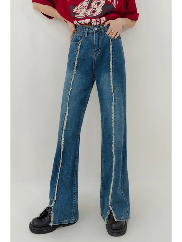 

Women Front Slit Straight Leg Jeans 2022 New Wide Leg Female High Waist Blue Casual Denim Trouser Summer Fashion Baggy Jean Pant