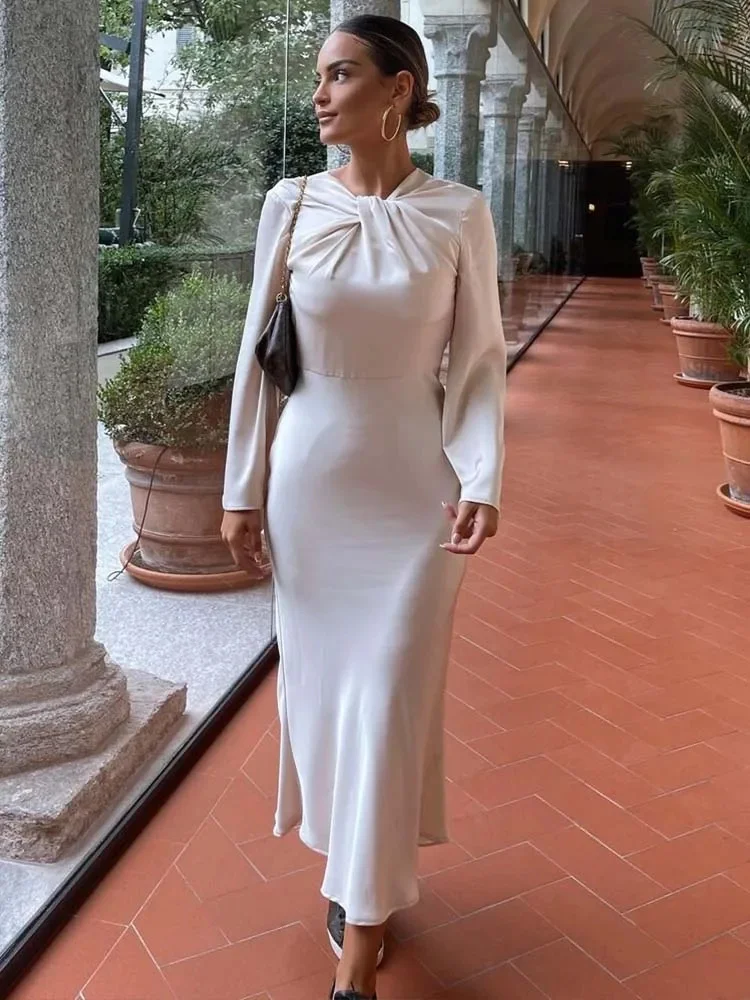 

Атласное длинное платье, женское длинное платье с открытой спиной, женское осеннее платье с узлом, женское платье с длинным рукавом, 2023