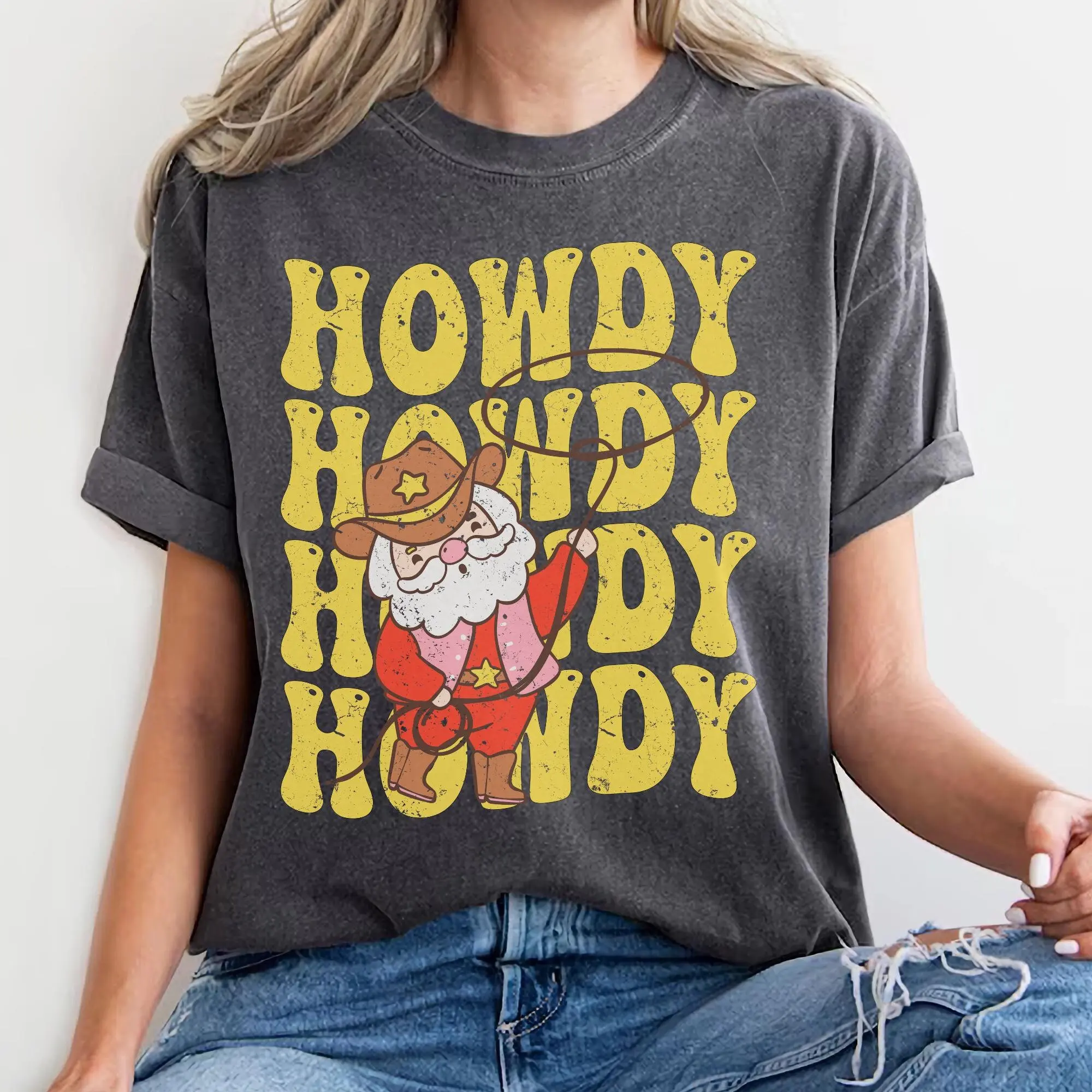 Howdy Santa Comfort Colors T Shirt Retro Christmas Western Ugly Sweater Cowboy