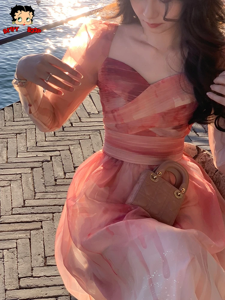 

Элегантное цветочное цельнокроеное платье Betty Boop, корейское миди-платье с длинным рукавом, повседневное весеннее вечернее праздничное плат...