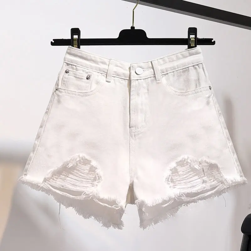 High Waist Jeans Women Denim Shorts White Trousers Wide Hot Pants 2022 Summer Casual Pockets Ripped Tassel Hole Streetwear