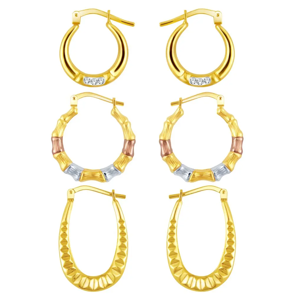 

14K Gold Plated Over Sterling Silver-Crystal And Tri Color Hoop Earrings Set, Adults 3 Pairs