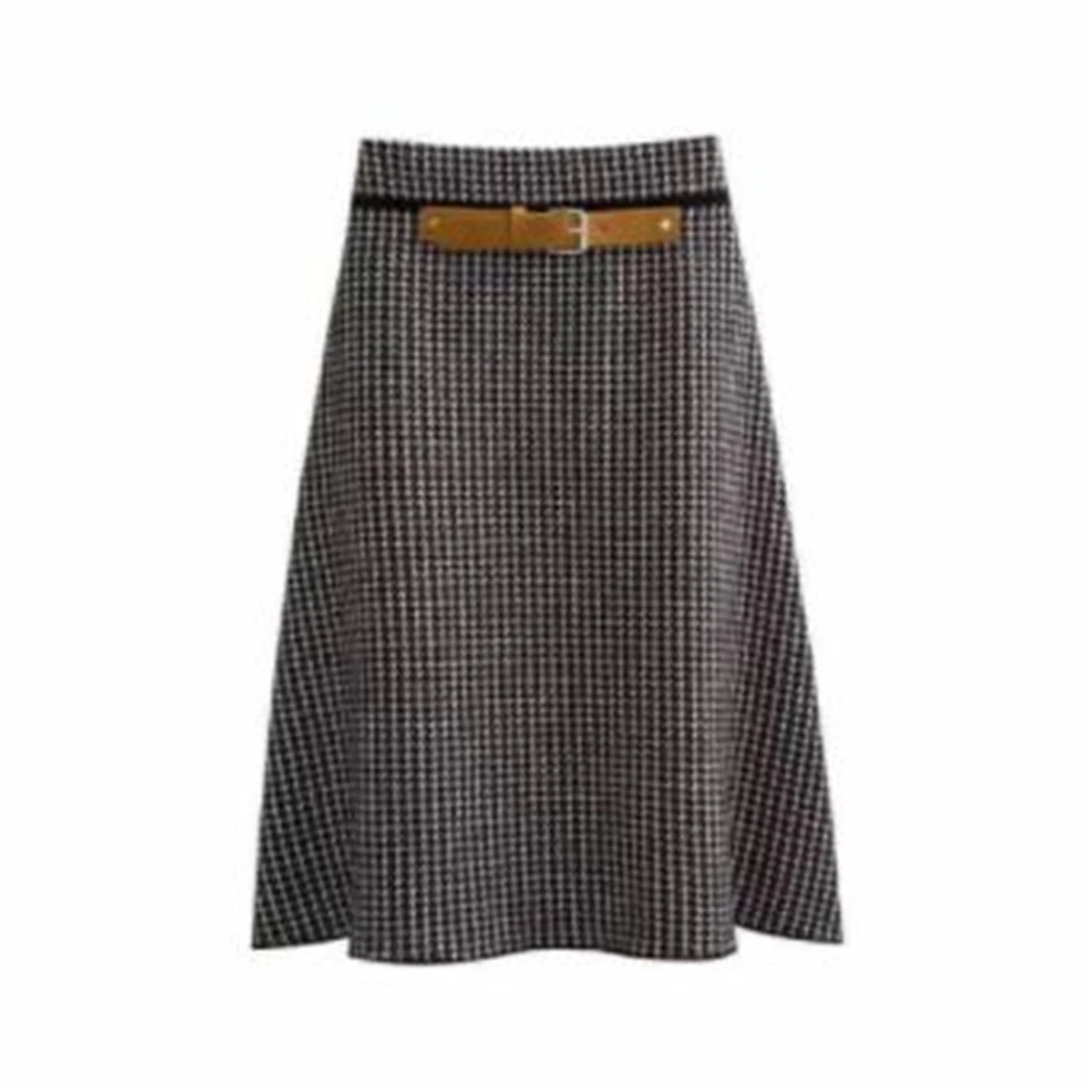 

Winter Plaid Skirt For Women Vintage Wool Skirts Spring Ol Elegant Mujer Houndstooth Faldas Knit Skirt Stretch Jupe Belt Fall