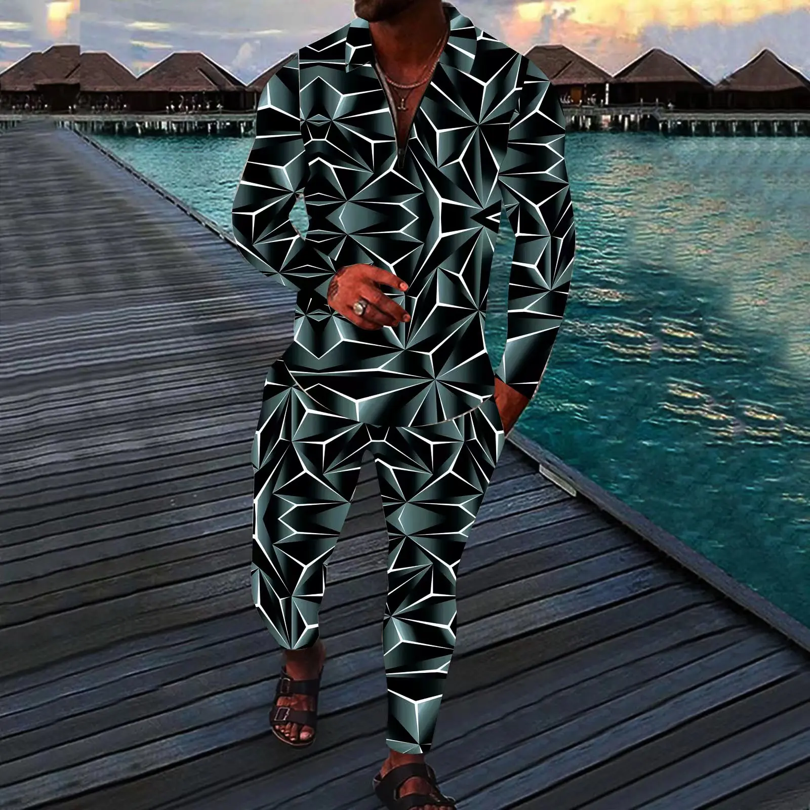 2023 Spring and Autumn New Casual 3D Pattern Printed Men's Suit Slim Zipper Long Sleeve and Fashion Jogging Fitness Sweatpants