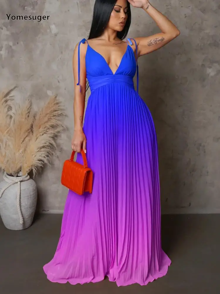 

Женское длинное вечернее платье yomger esuger, плиссированное платье на тонких бретельках с V-образным вырезом и широкой юбкой, Клубная одежда 2023