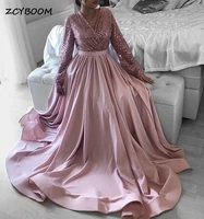 pink v neck formal evening dresses long sleeves women elegant shiny sequins satin a line prom gowns arabic dubai robes de soir%c3%a9e