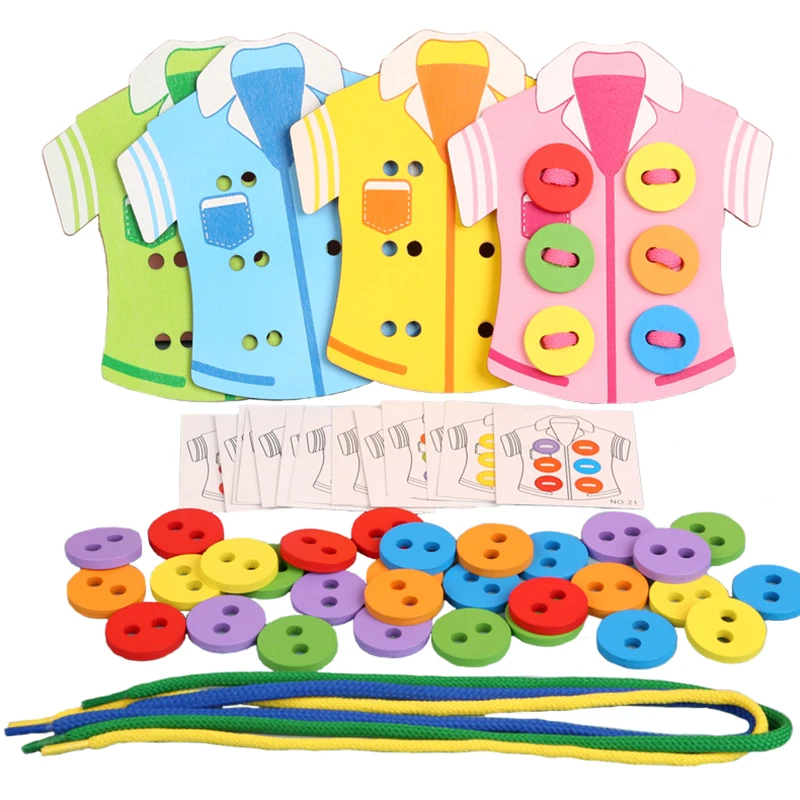

Baby Puzzle Wooden Toys Montessori Educational DIY Wear Clothes Rope Sewing Button Games Color Classification Logical Thinking