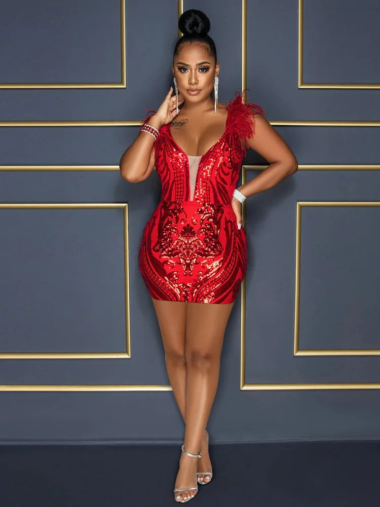 

Элегантные платья с блестками и кисточками, горячая Распродажа, облегающее вечернее Клубное платье с круглым вырезом, мини-платье без рукав...