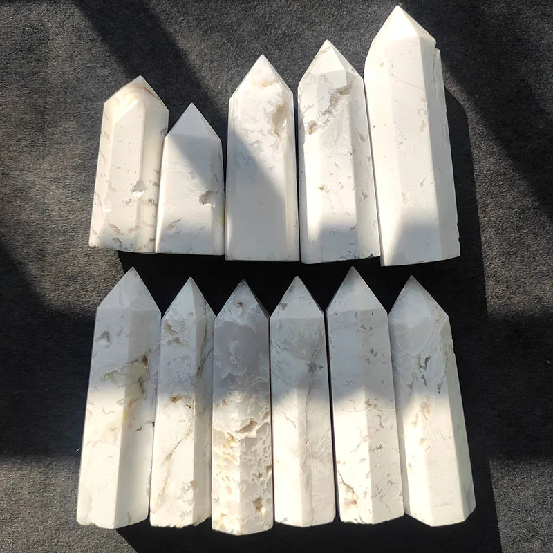 

Natural 8-11cm 100g Crystal Stone Crafts Gemstone Point Polished White Agate Druzy Tower For Home Decoration MJ