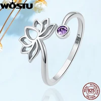 wostu real 925 sterling silver lotus flower adjustable rings for women simple trend purple zircon wedding ring fine jewelry gift