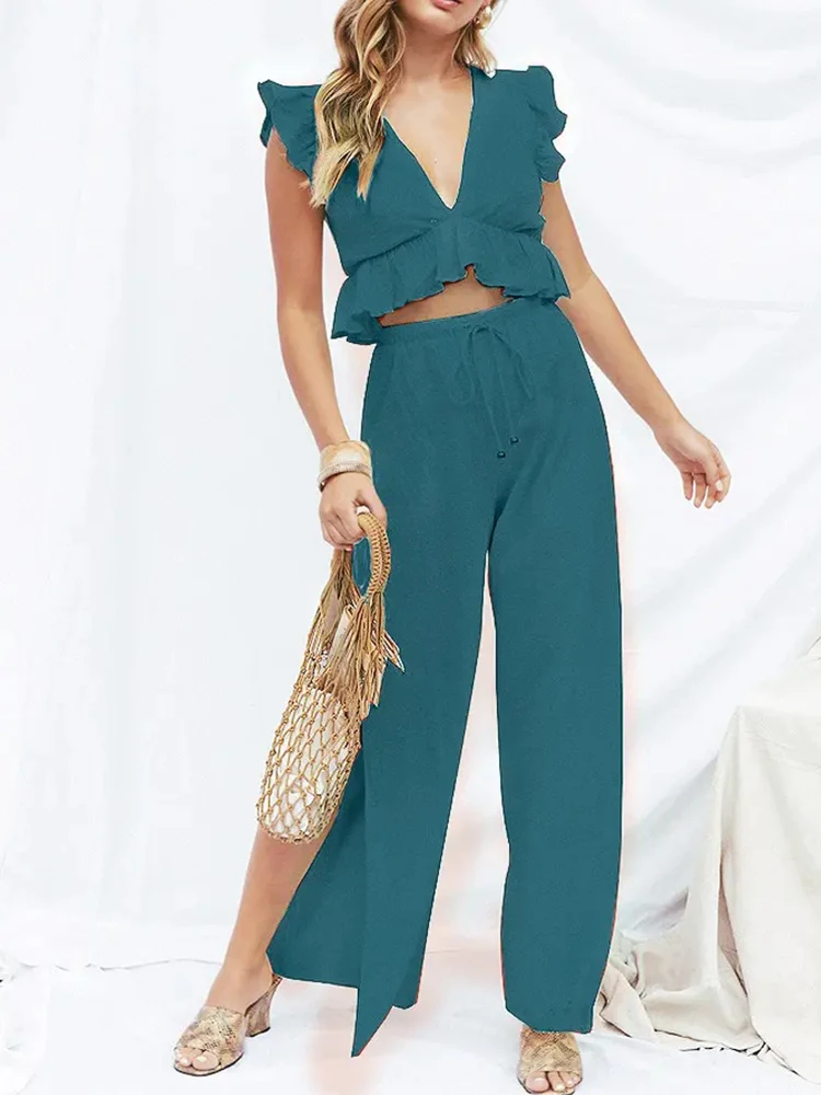 

Shein Romwe 2022 Set Of Two Fashion Pieces For Women Ruffle Hem Chiffon Crop Top & High Slit Pants Set Urban Pants Set Free Ship