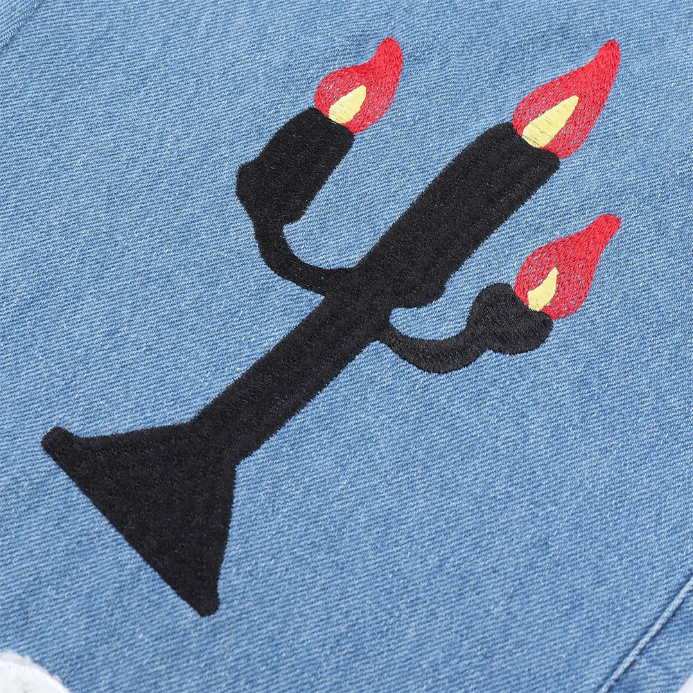 Fashion High Street Lampstand and Skull Flower Embroidery Ripeed Jeans Men Women Straight Retro Casual Baggy Denim Trousers Blue