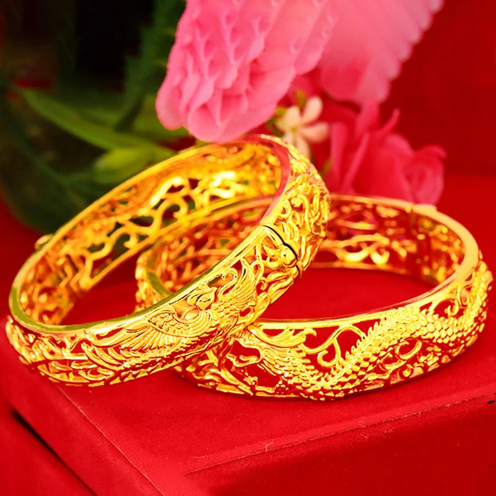 

Dragon Phoenix Lady Bangle Dubai Bracelet for Women Solid 18k Yellow Gold Filled Classic Fashion Wedding Party Gift Dia 60mm