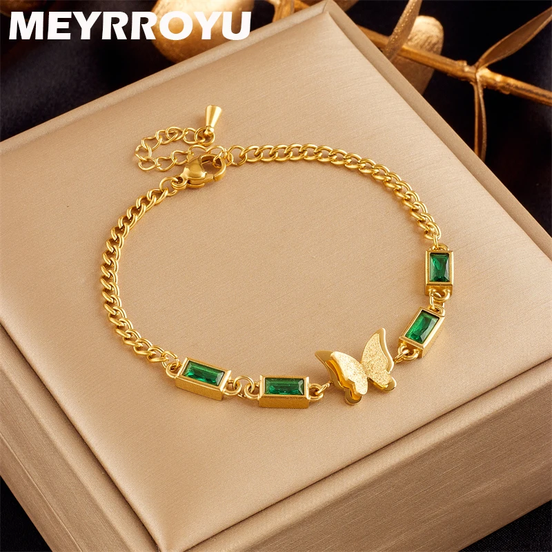 

MEYRROYU 316 Stainless Steel Bracelet Butterfly Green Zircon Pendant For Women Exquisite Jewelry Gifts Party Bijoux Accessories