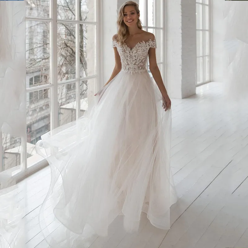 

Трапециевидные Свадебные платья Vestido De Noiva с короткими рукавами и жемчужинами