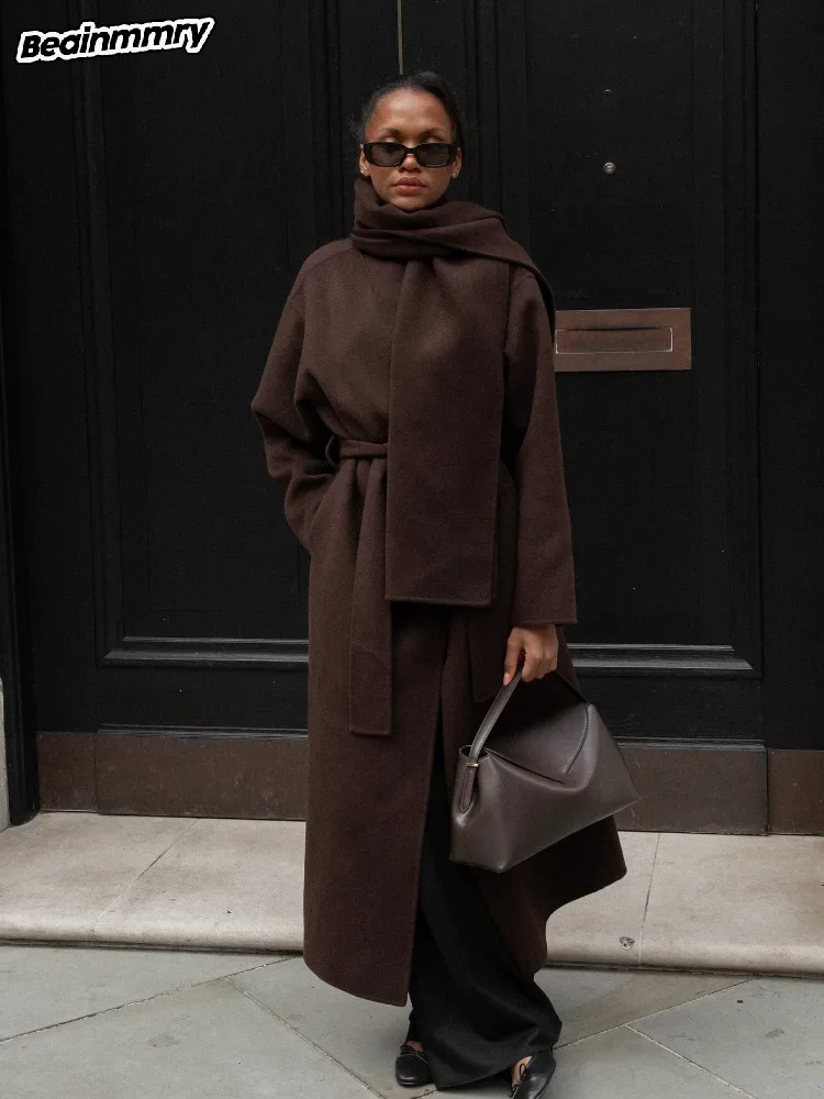2024 винтажное коричневое женское пальто с шарфом и воротником поясом модная