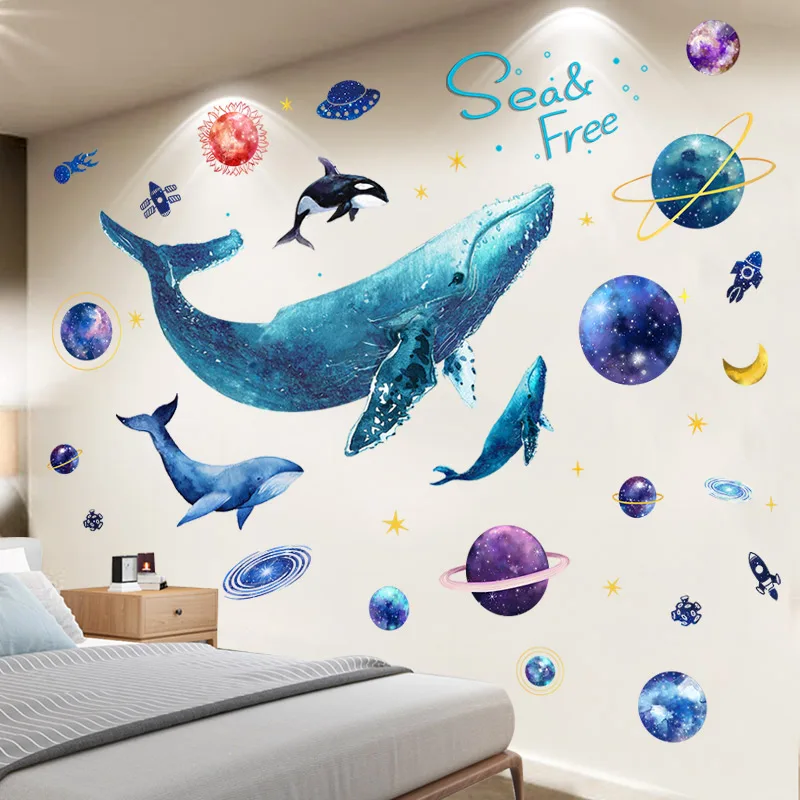 

[SHIJUEHEZI] Whale Animal Wall Stickers DIY Outer Space Planets Wall Decals for Kids Rooms Baby Bedroom Nursery House Decoration