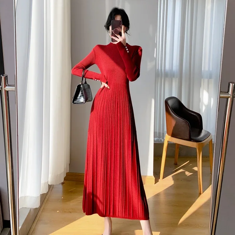 Осень/зима женское элегантное вязаное платье с высоким воротником до половины