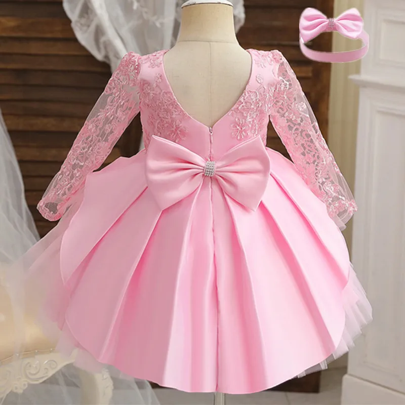 Cute Baby Girl One Year Birthday Party Dress Pink Embroidery Flower Lace Long Sleeve Tutu Gown Newborn Bow Baptiam Tulle Clothes