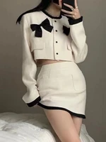 small fragrance skirt suits spring 2022 new women sweet bow tweed jacket coat crop top mini skirt female chic 2 piece sets