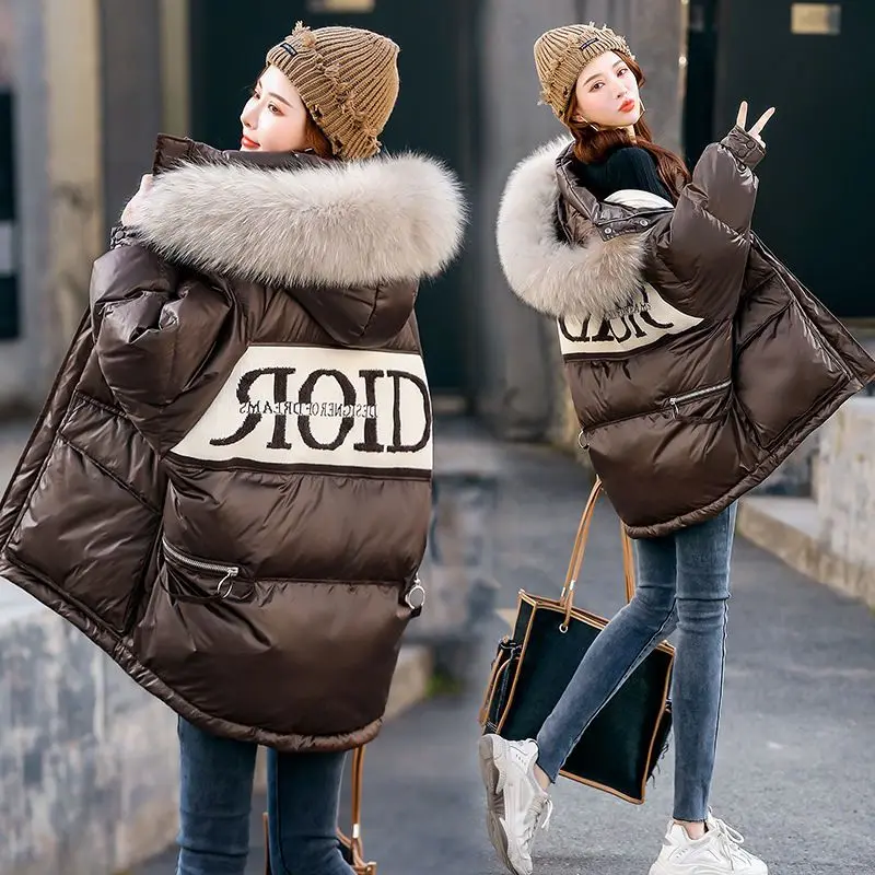 New Winter Coat for Women Coats Parkas Jackets Hooded Cotton Padded Jacket Korean Fashion Large Fur Collar Spliced Letters Loose