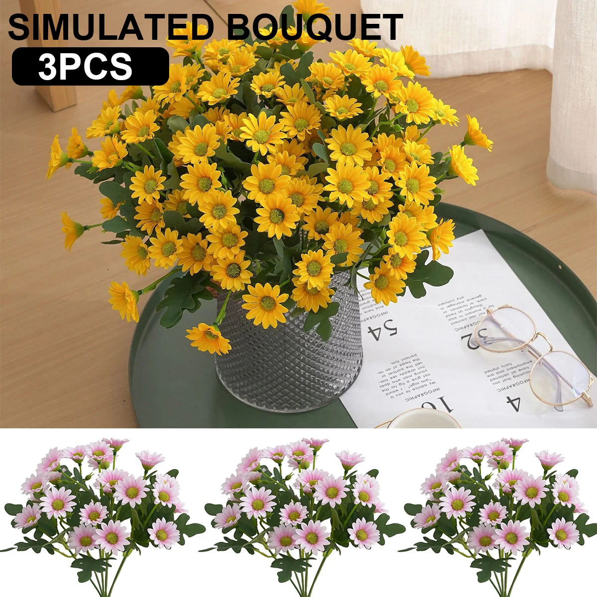 

3Pcs Artificial Daisy Bouquets Fake Daisy Flowers Reusable Plastic Fake Decorative Flowers Realistic Simulation Daisy Floral