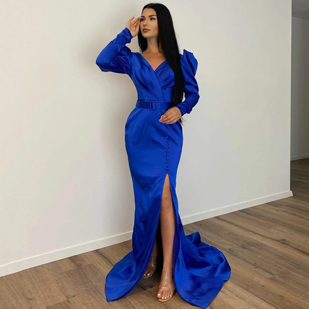 

Sexy V-Neck Mermaid Evening Dress Long Sleeves Women Prom Gown Royal Blue Button Split Party Gowns Sashes Robes De Soiree