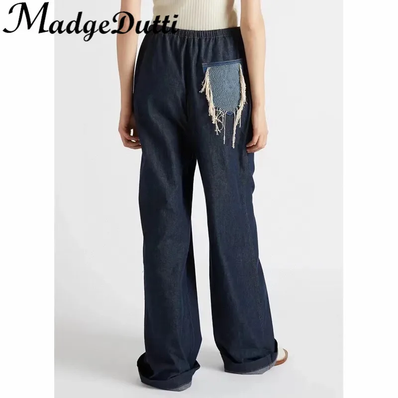 

9.23 MadgeDutti Fashion Sense Of Desigh Pocket Embroidery Tassel High Waist Lace-Up Wide Leg Jeans Women